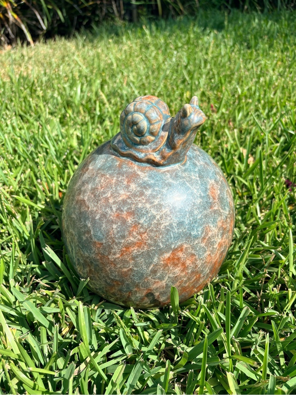 Handmade Drip Glazed Ceramic Snail Garden Sphere | Artisan Yard Decor | 9" Tall - Picture 4 of 9